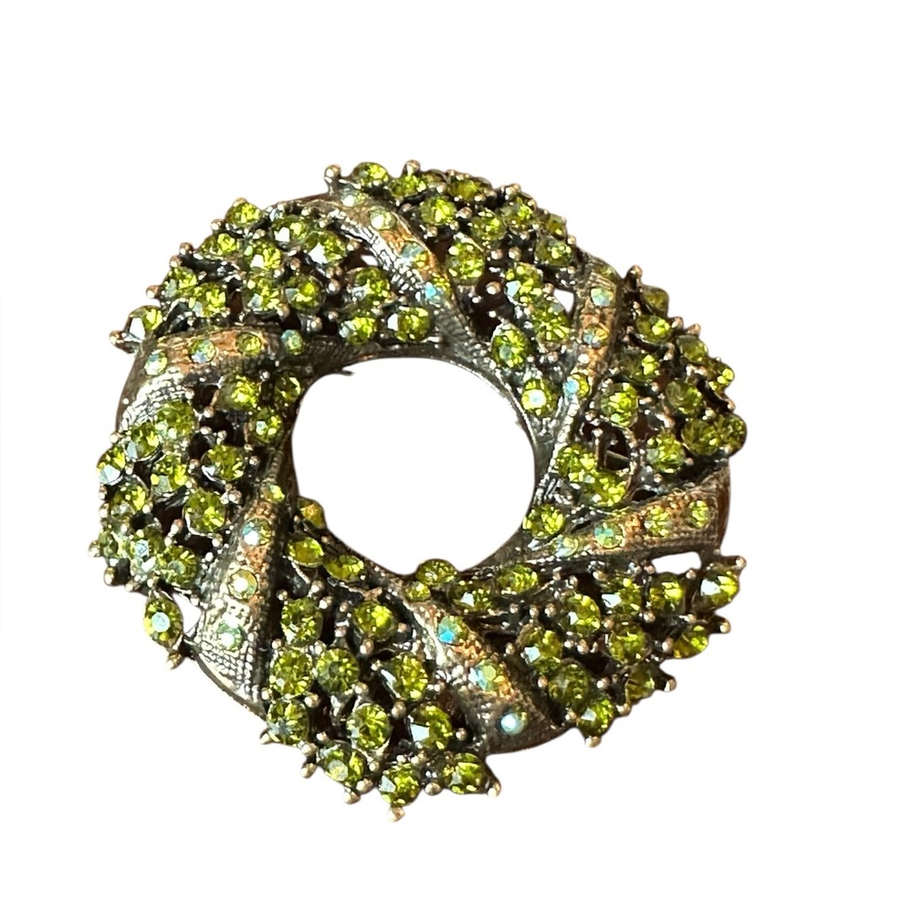 Vintage Green Rhinestone Accented Brooch Pin